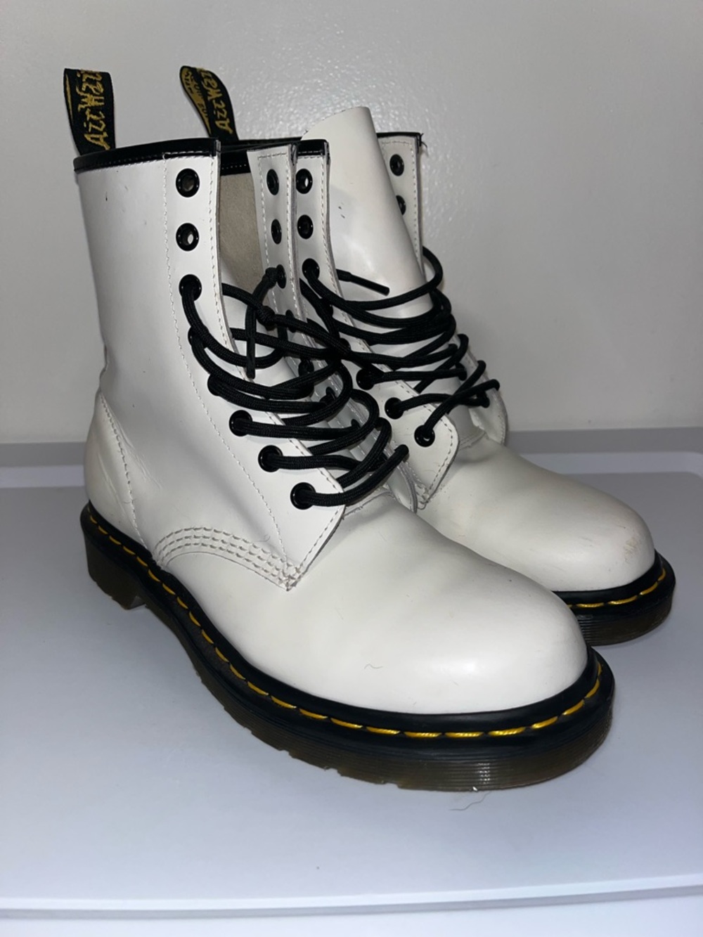Dr. Martens White Lace-Up Leather Combat Boots with Black Laces